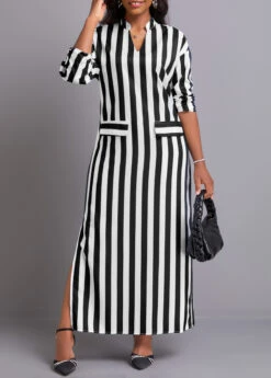 Black Side Slit Striped Maxi Dress