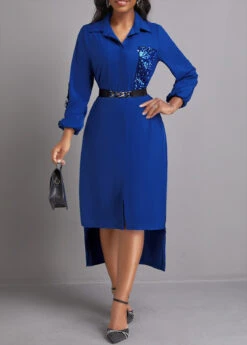 Patchwork Blue Button High Low Dress -Modlily Shop 339652 P 16920131351193