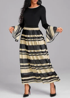 Black Patchwork Long Sleeve Round Neck Dress