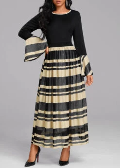 Black Patchwork Long Sleeve Round Neck Dress -Modlily Shop 339656 P 16939095187624