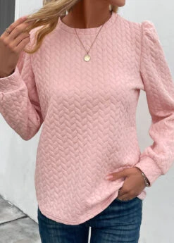 Pink Ruched Long Sleeve Round Neck Sweatshirt -Modlily Shop 339680 P 16952582961724