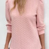 Pink Ruched Long Sleeve Round Neck Sweatshirt -Modlily Shop 339680 P 16952582962080