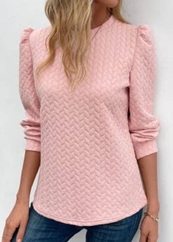 Pink Ruched Long Sleeve Round Neck Sweatshirt