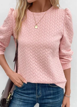 Pink Ruched Long Sleeve Round Neck Sweatshirt -Modlily Shop 339680 P 16952582963795