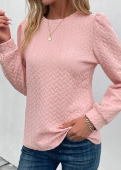 Pink Ruched Long Sleeve Round Neck Sweatshirt -Modlily Shop 339680 P 16952582966362