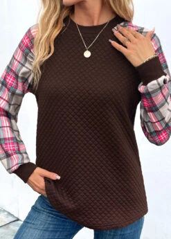 Dark Coffee Patchwork Plaid Long Sleeve Round Neck Sweatshirt -Modlily Shop 339682 P 16952990893724