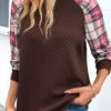 Dark Coffee Patchwork Plaid Long Sleeve Round Neck Sweatshirt