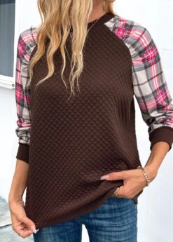 Dark Coffee Patchwork Plaid Long Sleeve Round Neck Sweatshirt