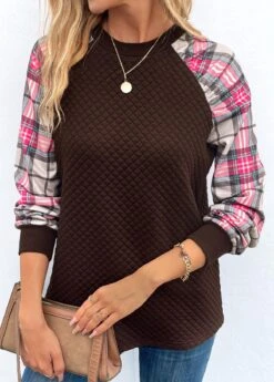 Dark Coffee Patchwork Plaid Long Sleeve Round Neck Sweatshirt -Modlily Shop 339682 P 16952990899483