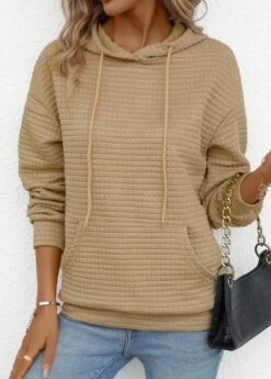 Light Camel Pocket Long Sleeve Hoodie -Modlily Shop 339683 P 16944277663873