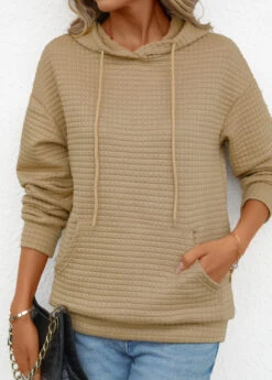 Light Camel Pocket Long Sleeve Hoodie -Modlily Shop 339683 P 16944277669684