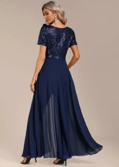 Navy Sequin Long Short Sleeve V Neck Jumpsuit -Modlily Shop 339805 P 16951070147101