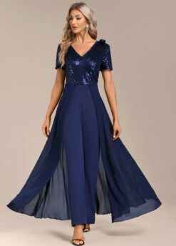 Navy Sequin Long Short Sleeve V Neck Jumpsuit -Modlily Shop 339805 P 16951070149633