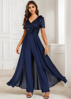 Navy Sequin Long Short Sleeve V Neck Jumpsuit -Modlily Shop 339805 P 16951070150346
