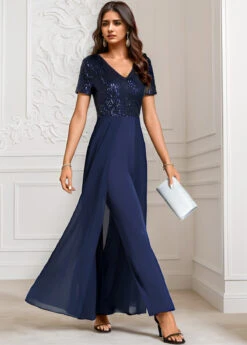 Navy Sequin Long Short Sleeve V Neck Jumpsuit -Modlily Shop 339805 P 16951070153797