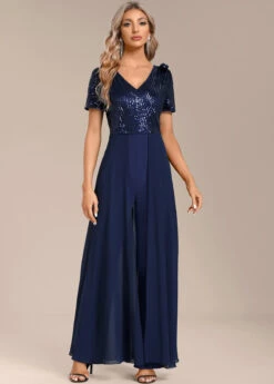 Navy Sequin Long Short Sleeve V Neck Jumpsuit -Modlily Shop 339805 P 16951070156554