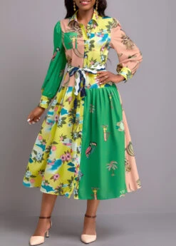 Multi Color Button Floral Print Belted Dress -Modlily Shop 339834 P 16926994736430