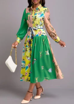 Multi Color Button Floral Print Belted Dress -Modlily Shop 339834 P 16926994739772
