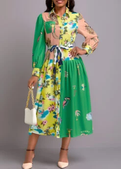Multi Color Button Floral Print Belted Dress