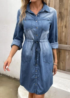 Denim Blue Pocket Long Sleeve Shirt Collar Dress -Modlily Shop 339836 P 16933603300894