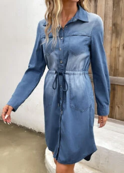 Denim Blue Pocket Long Sleeve Shirt Collar Dress -Modlily Shop 339836 P 16933603301122