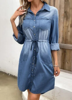 Denim Blue Pocket Long Sleeve Shirt Collar Dress -Modlily Shop 339836 P 16933603308380