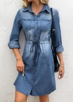 Denim Blue Pocket Long Sleeve Shirt Collar Dress -Modlily Shop 339836 P 16933603308693