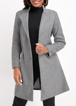 Grey Button Long Sleeve Lapel Coat