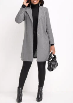 Grey Button Long Sleeve Lapel Coat -Modlily Shop 339846 P 16926117948013