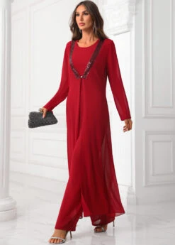 Deep Red Sequin Round Neck Jumpsuit And Cardigan -Modlily Shop 339892 P 16914902632354
