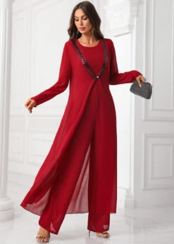 Deep Red Sequin Round Neck Jumpsuit And Cardigan -Modlily Shop 339892 P 16914902632983