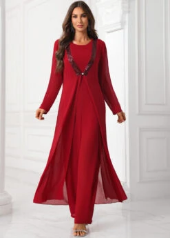 Deep Red Sequin Round Neck Jumpsuit And Cardigan -Modlily Shop 339892 P 16914902639372