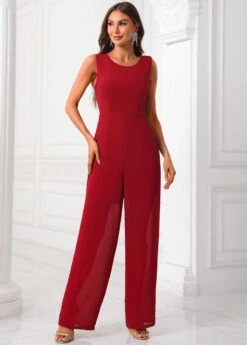 Deep Red Sequin Round Neck Jumpsuit And Cardigan -Modlily Shop 339892 P 16914902639545