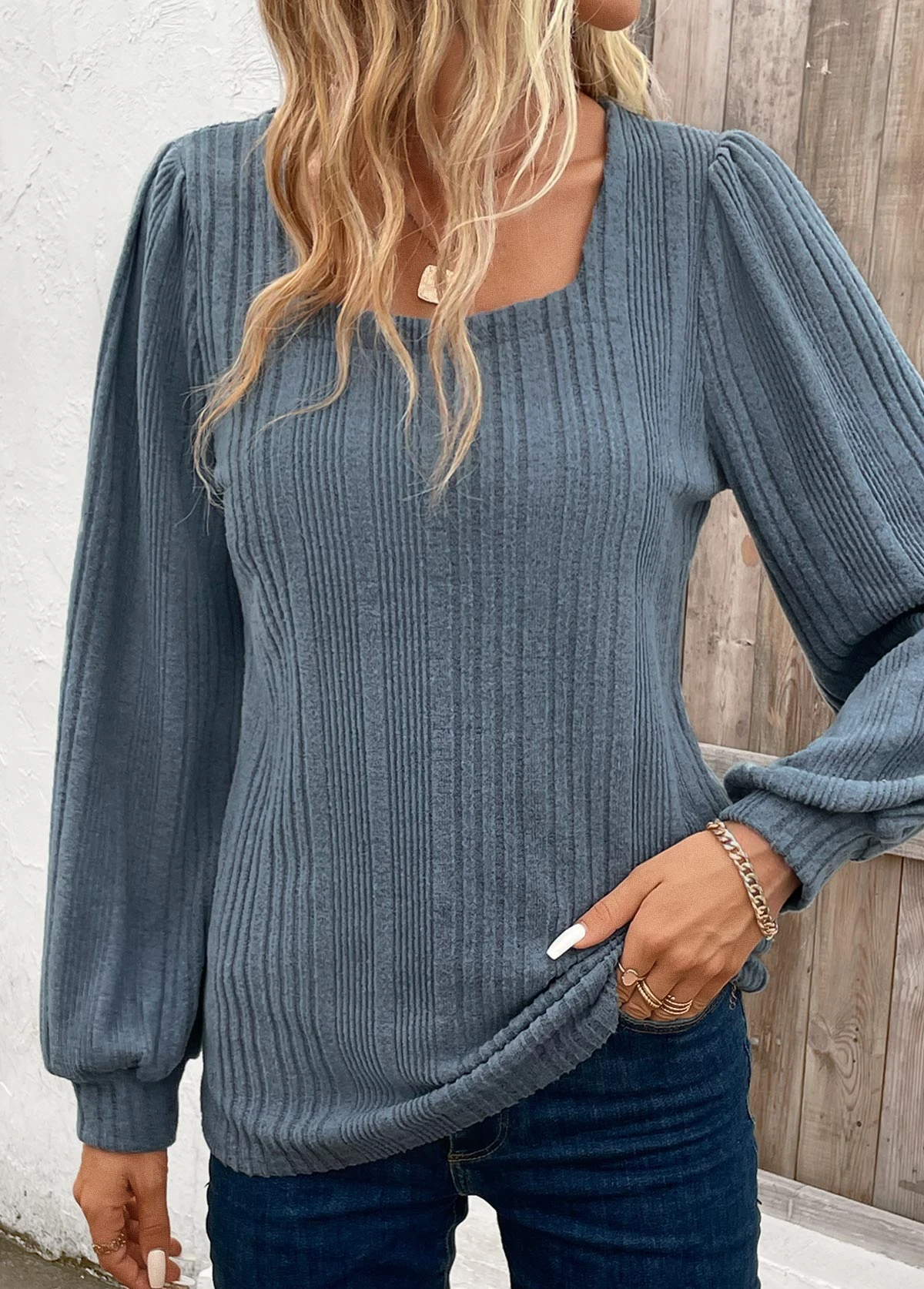 Blue Long Sleeve Square Neck T Shirt 6 Blue Long Sleeve Square Neck T Shirt - Image 4