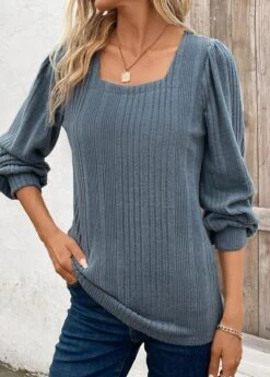 Blue Long Sleeve Square Neck T Shirt 9 Blue Long Sleeve Square Neck T Shirt -Modlily Shop 339903 P 16932192764452
