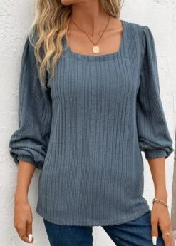 Blue Long Sleeve Square Neck T Shirt