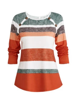 Orange Button Multi Stripe Print T Shirt -Modlily Shop 339943 P 1694080767733
