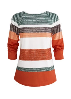 Orange Button Multi Stripe Print T Shirt -Modlily Shop 339943 P 1694080767901