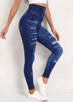 Denim Blue Denim-effect Print High Waisted Ankle Length Leggings -Modlily Shop 339967 P 16934775440543