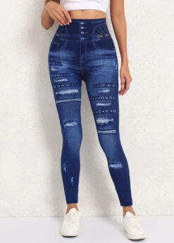 Denim Blue Denim-effect Print High Waisted Ankle Length Leggings -Modlily Shop 339967 P 16934775440985