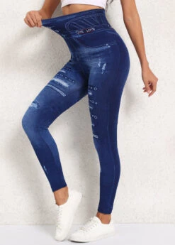 Denim Blue Denim-effect Print High Waisted Ankle Length Leggings -Modlily Shop 339967 P 16934775442294