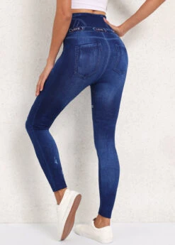 Denim Blue Denim-effect Print High Waisted Ankle Length Leggings -Modlily Shop 339967 P 16934775445462