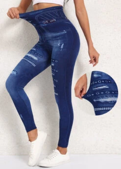 Denim Blue Denim-effect Print High Waisted Ankle Length Leggings