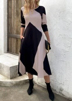 Black Pocket Geometric Print Long Sleeve Dress -Modlily Shop 339969 P 16921760250034