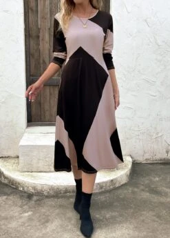 Black Pocket Geometric Print Long Sleeve Dress -Modlily Shop 339969 P 16921760251993