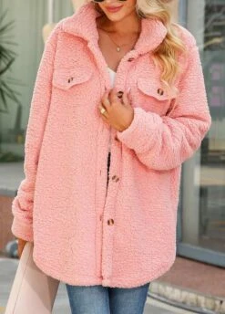 Pink Button Long Sleeve Turn Down Collar Coat -Modlily Shop 339973 P 1692758646628