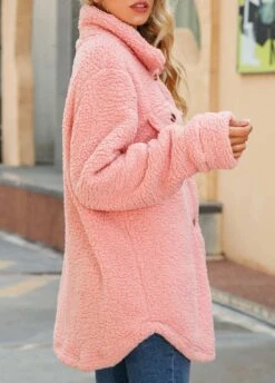 Pink Button Long Sleeve Turn Down Collar Coat -Modlily Shop 339973 P 1692758647582