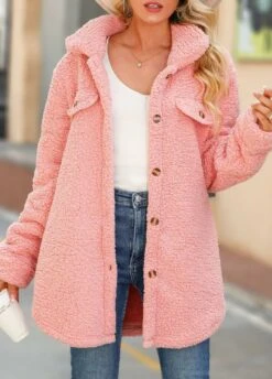 Pink Button Long Sleeve Turn Down Collar Coat -Modlily Shop 339973 P 1692758647738