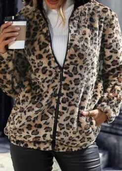 Dark Camel Zipper Leopard Long Sleeve Hooded Coat