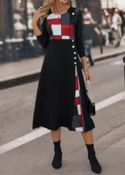 Black Button Plaid Three Quarter Length Sleeve Dress